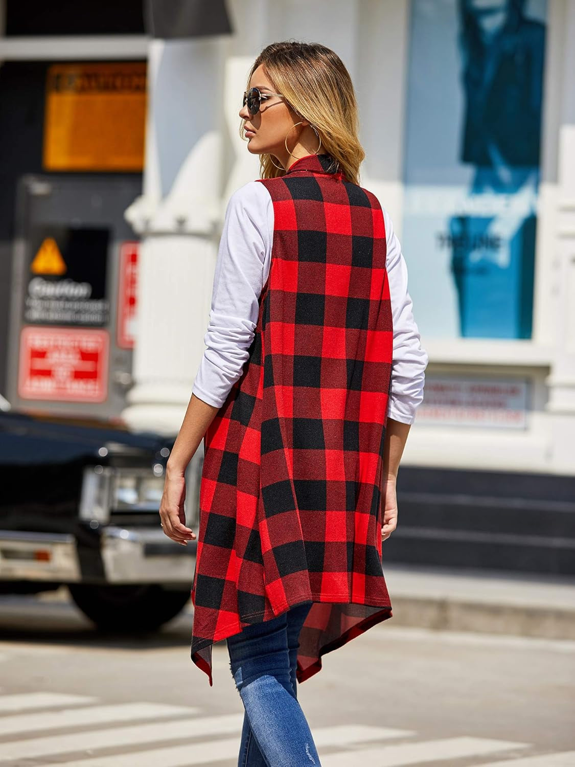 Women's Plaid Sleeveless Duster Cardigan with Pockets - Lightweight Open Front Vest Coat