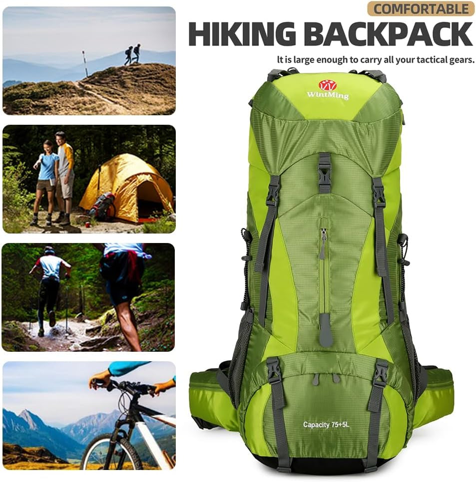 75L Waterproof Hiking Backpack with Rain Cover and Shoe Compartment for Men and Women, Frameless Design