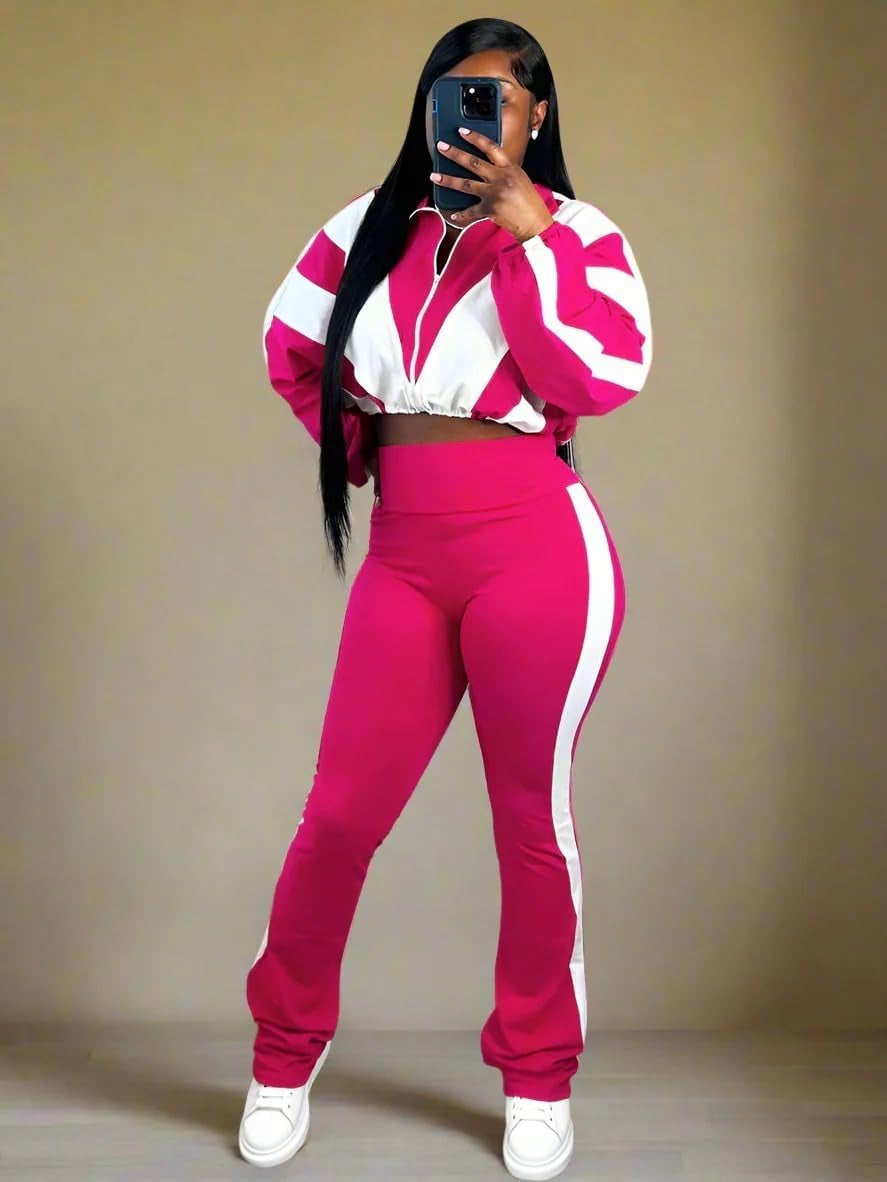 Women's 2-Piece Color Block Long Sleeve Cropped Jacket and Bodycon Pants Set