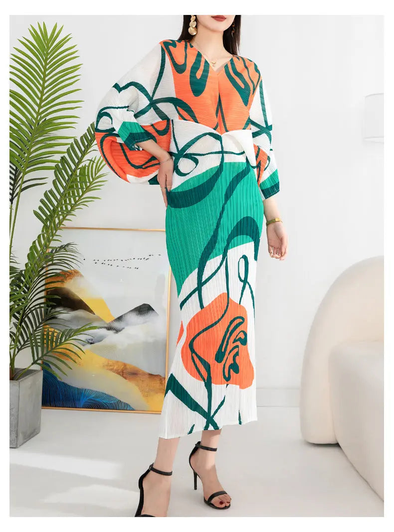 Women's Temperament Pleated Print Batwing Sleeve Dress Autods