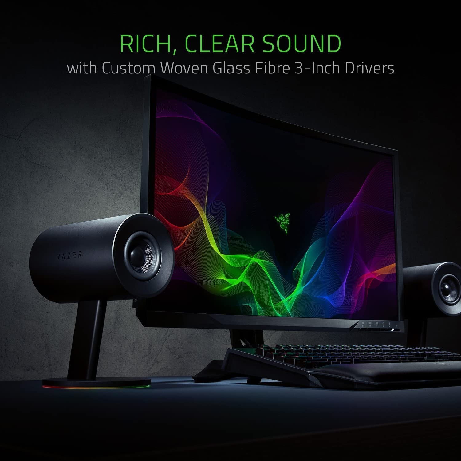 Razer Nommo Chroma 2.0 PC Gaming Speakers - Custom Woven 3" Glass Fiber Drivers, Rear-Facing Bass Ports, Bass Knob with Automatic Gain Control, Chroma Enabled, Black