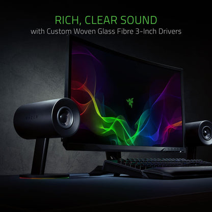 Razer Nommo Chroma 2.0 PC Gaming Speakers - Custom Woven 3" Glass Fiber Drivers, Rear-Facing Bass Ports, Bass Knob with Automatic Gain Control, Chroma Enabled, Black