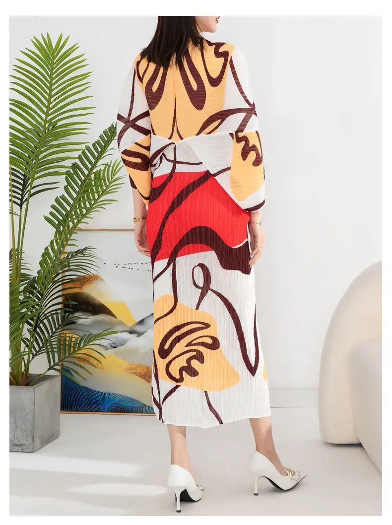 Women's Temperament Pleated Print Batwing Sleeve Dress Autods