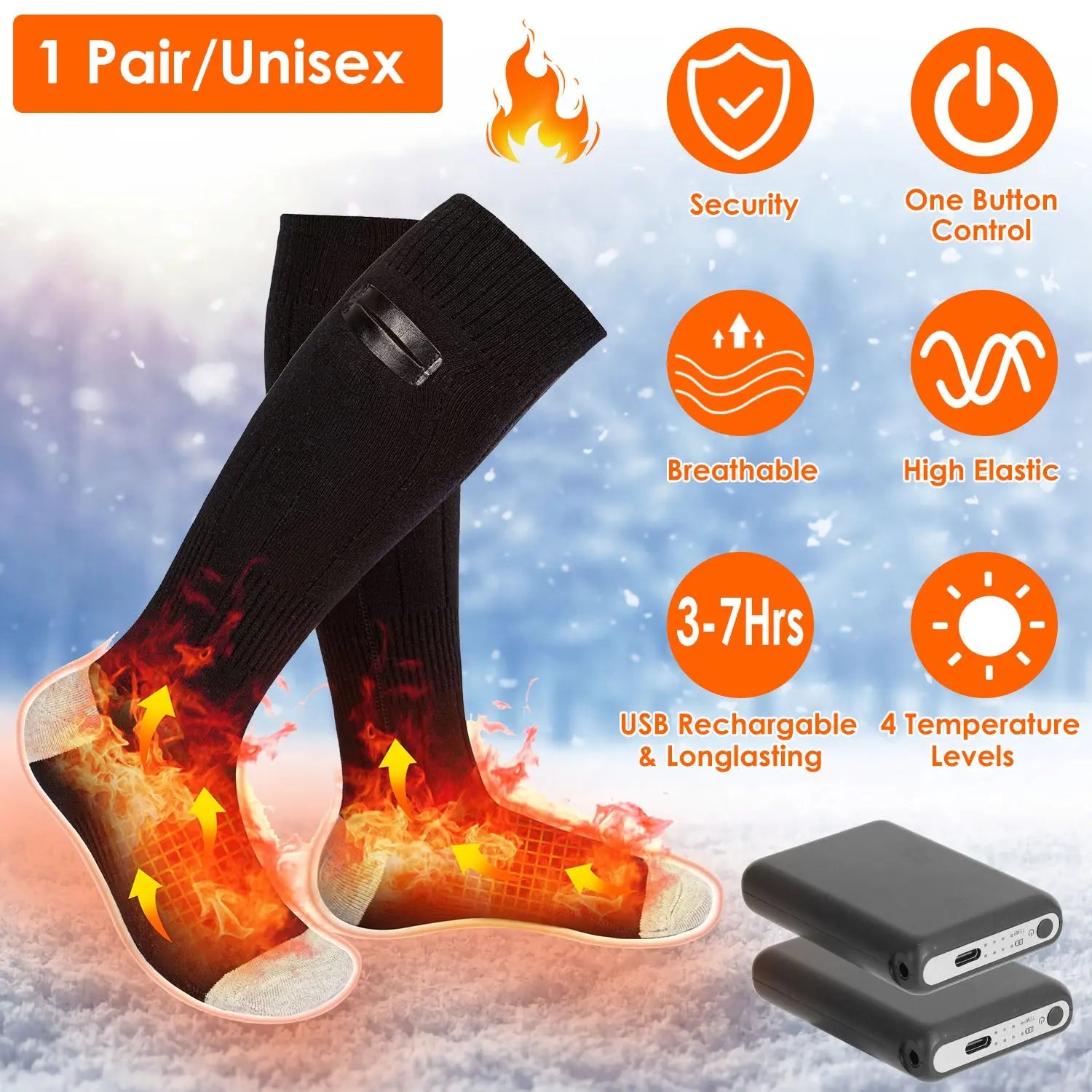 1Pair  Electric Heated Socks For Men Women Battery Powered Heated Socks Rechargeable Feet Warmer With 4 Temperature Levels Indoor Outdoor Machine Washable Cjdropshipping