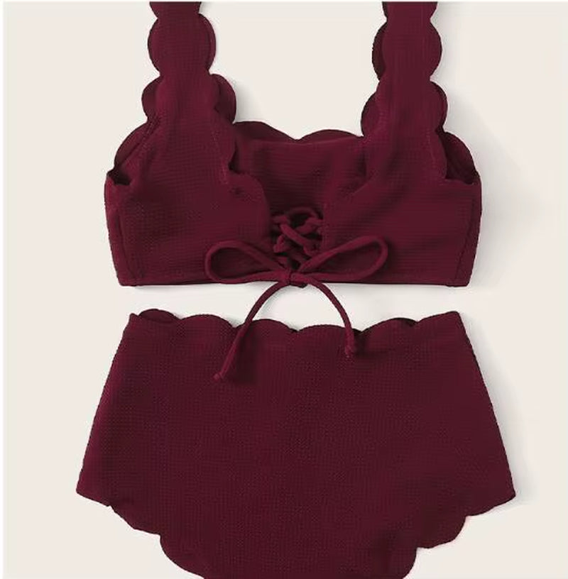 Solid Blue Two Pieces Swimsuit Bathing Suits Bikini Women Scalloped Textured High Waisted Bikini Set Lace up Bathing Suits XXL