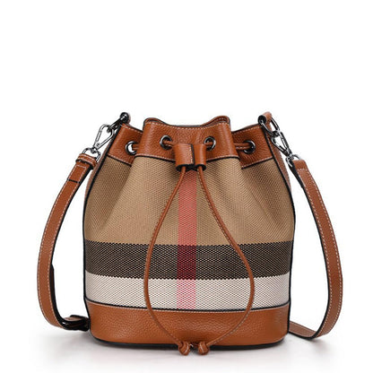 Genuine Leather Bucket Bag Plaid Bag Yankee Womens Bag Cowhide Shoulder Crossbody Bag Commuter Female Large Capacity Bag Casual Tote Bag