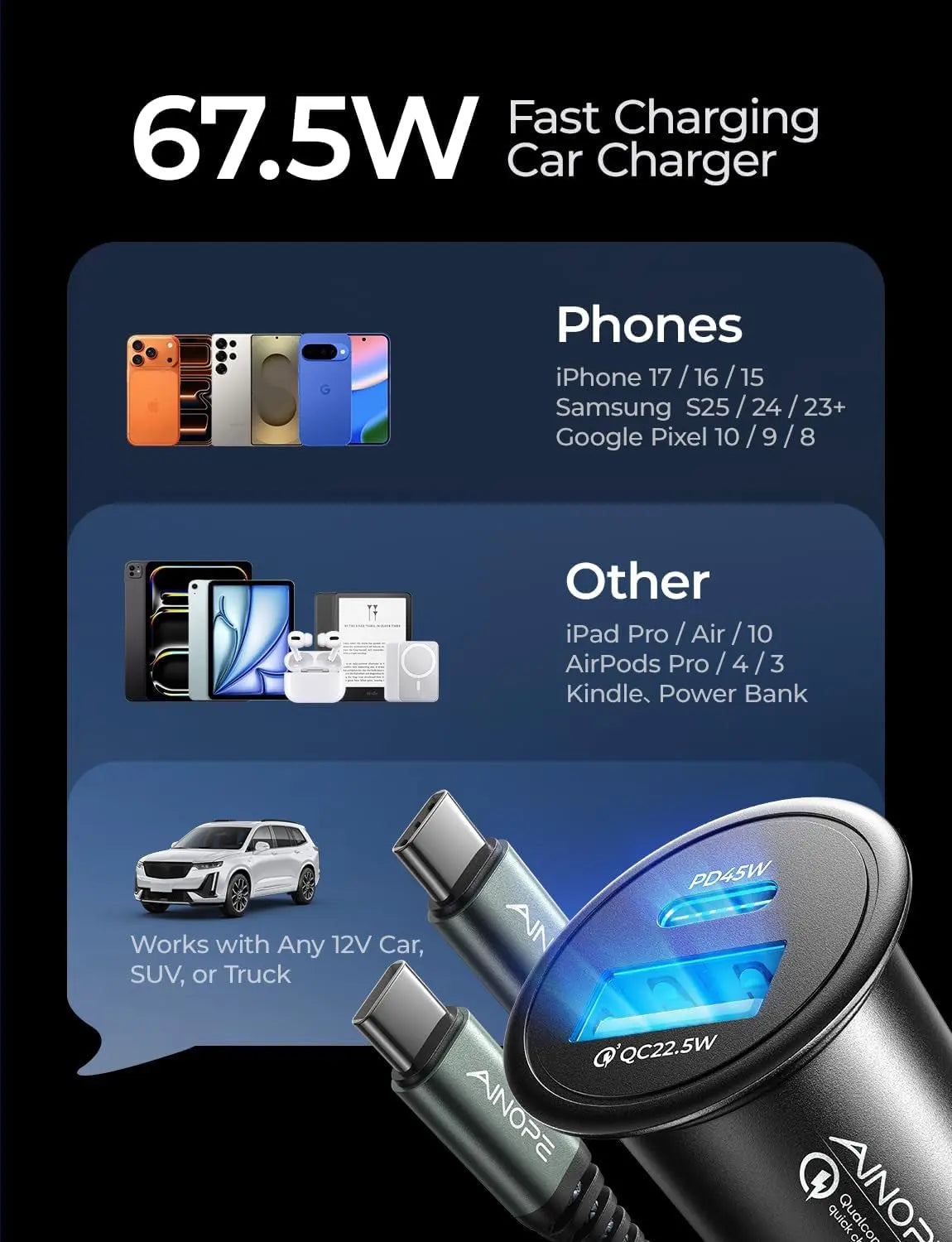 67.5W Car Charger USB C Fast Charge for Iphone 17 Pro Max, PD 45W USB C Car Charger Fast Charging【Mini & Metal】 Valentines Day Gifts Cigarette Lighter Adapter for Samsung Galaxy S26 Ultra/S25