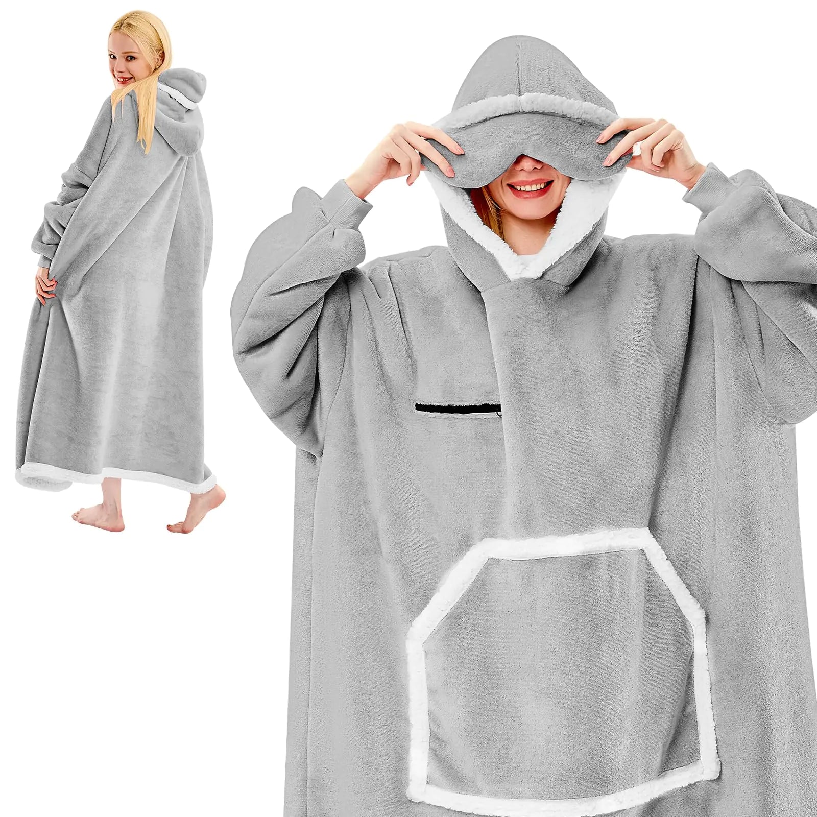IFNOW Wearable Blanket Hoodie Oversized Sherpa Fleece Hooded Sweatshirt Blanket with Eye Mask Cozy and Giant Blanket Hoodie with Sleeves Extra Long for Adults Men Women Grey