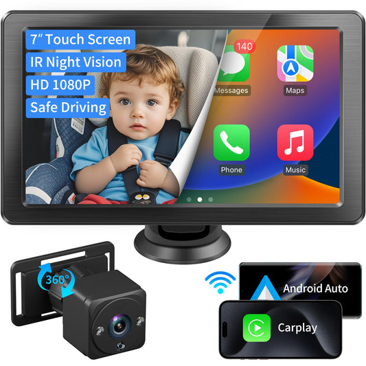 Faninso 7" HD Touchscreen Baby Car Camera - Car Baby Monitor 1080p Ultra Night Vision Invisible Infrared Lights 150° Wide Angle Compatible with Apple CarPlay Easy Installation Fits Most Cars