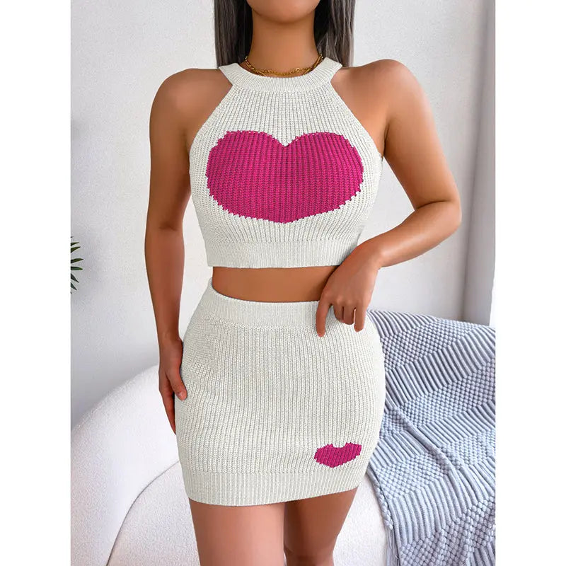 Women's 2 Piece Heart Knit Outfits Backless Halter Crop Tops & Mini Bodycon Skirt - New Era Fashion LLc