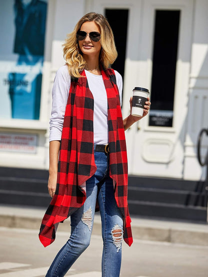 Women's Plaid Sleeveless Duster Cardigan with Pockets - Lightweight Open Front Vest Coat