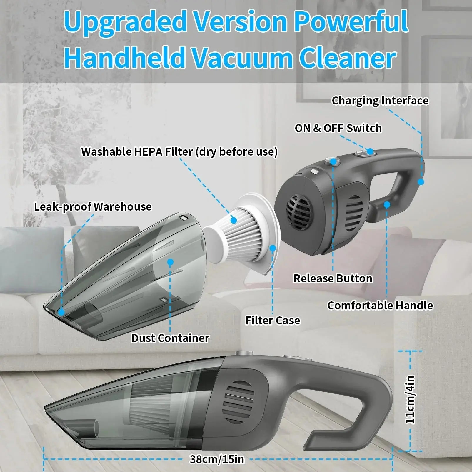 Portable Car Vacuum Cleaner,  Cordless Handheld Vacuum 7.5KPA Powerful Wet Dry Vac for Home Car Pet Hair