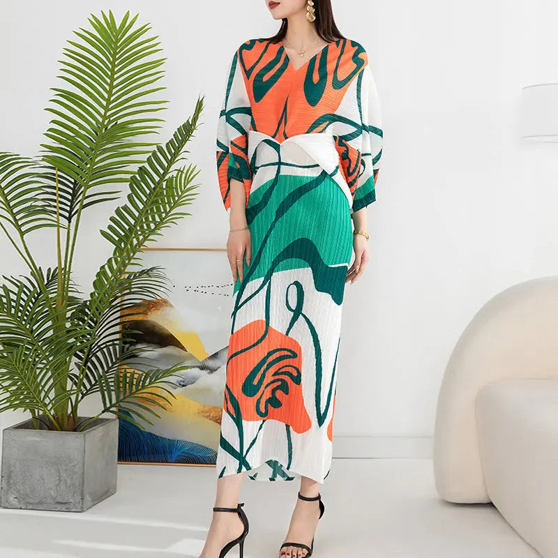 Women's Temperament Pleated Print Batwing Sleeve Dress Autods