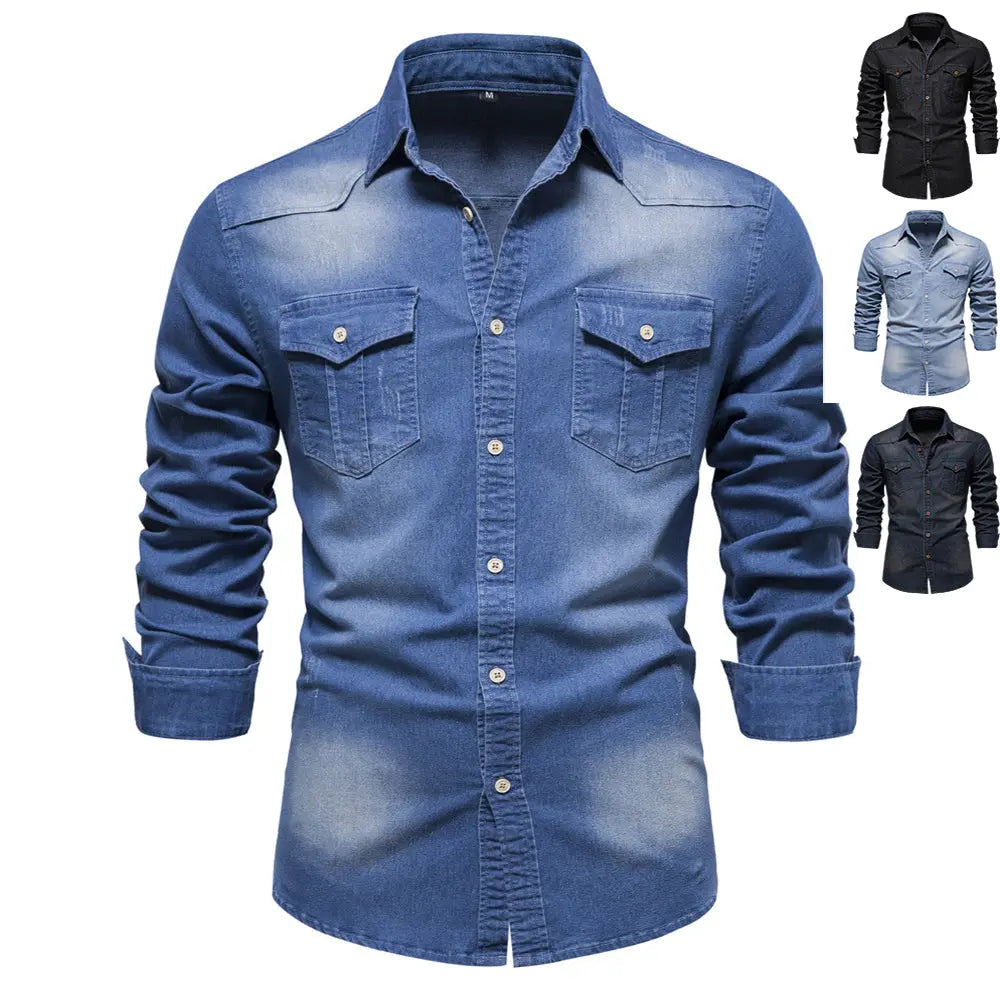 Men's Long-sleeved Denim Shirt Casual Solid Button Slim Tops Clothing - New Era Fashion LLc