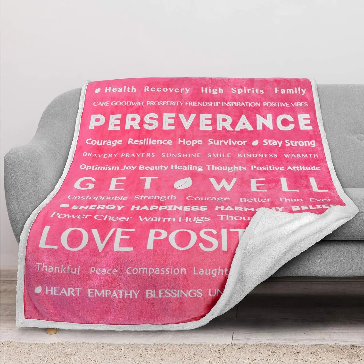 Healing Blanket, Get Well Soon Gift, Soft Hug Compassion Sherpa Throw Blanket for Women Men, Comfort Caring Inspirational Patient Blanket, Positive Thoughts Prayer Throw, Pink
