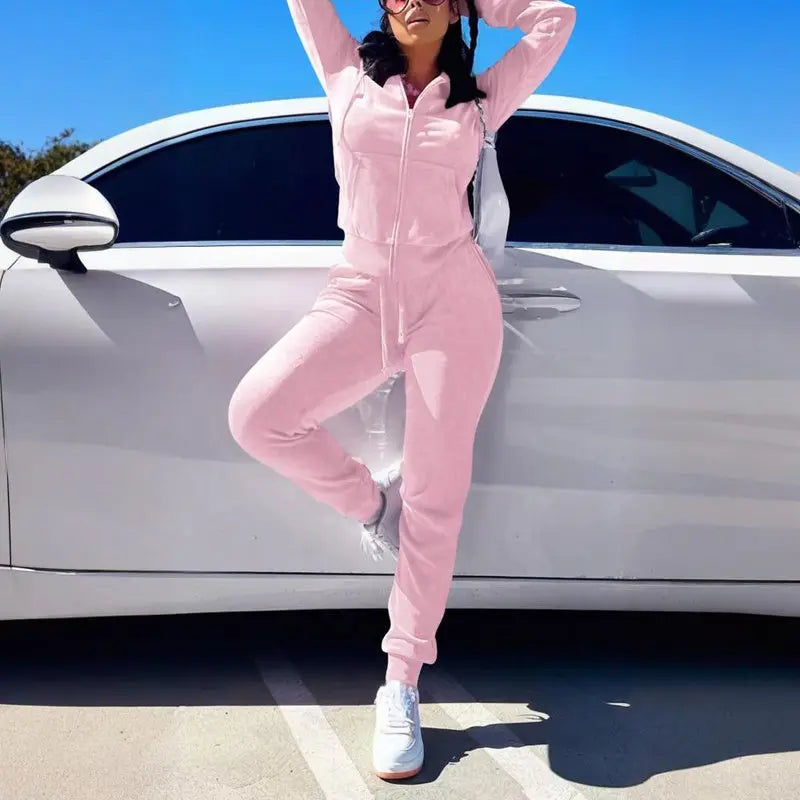 Women's Solid Color 2-Piece Set Zip Pocket Drawstring Hooded Crop Top & Slim Fit Pocket Pants - Ribbed Detail Casual Outfit Cjdropshipping