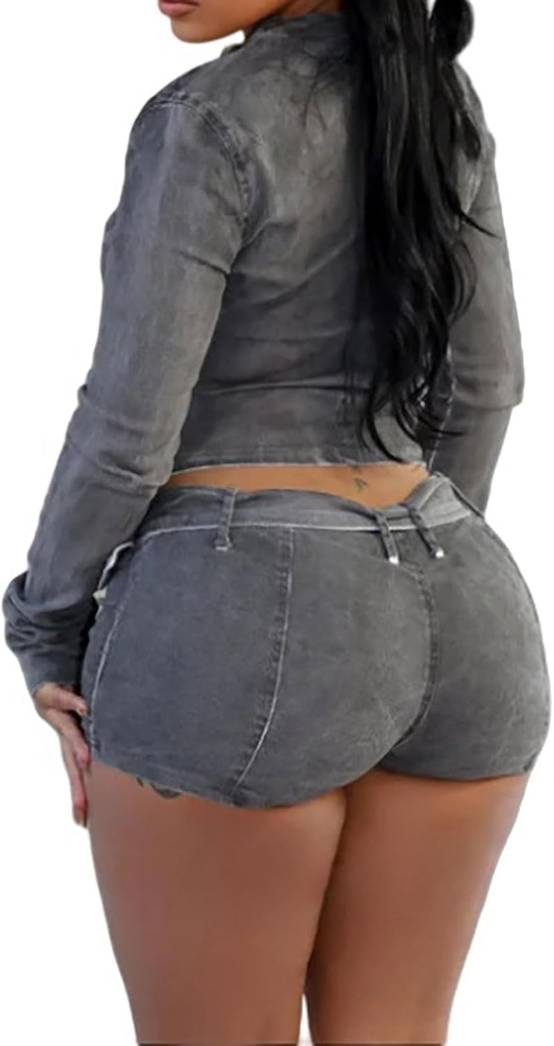 Women's 2-Piece Casual Denim Set: Long Sleeve Zip-Up Cropped Jacket with Skinny Jean Shorts and Belt