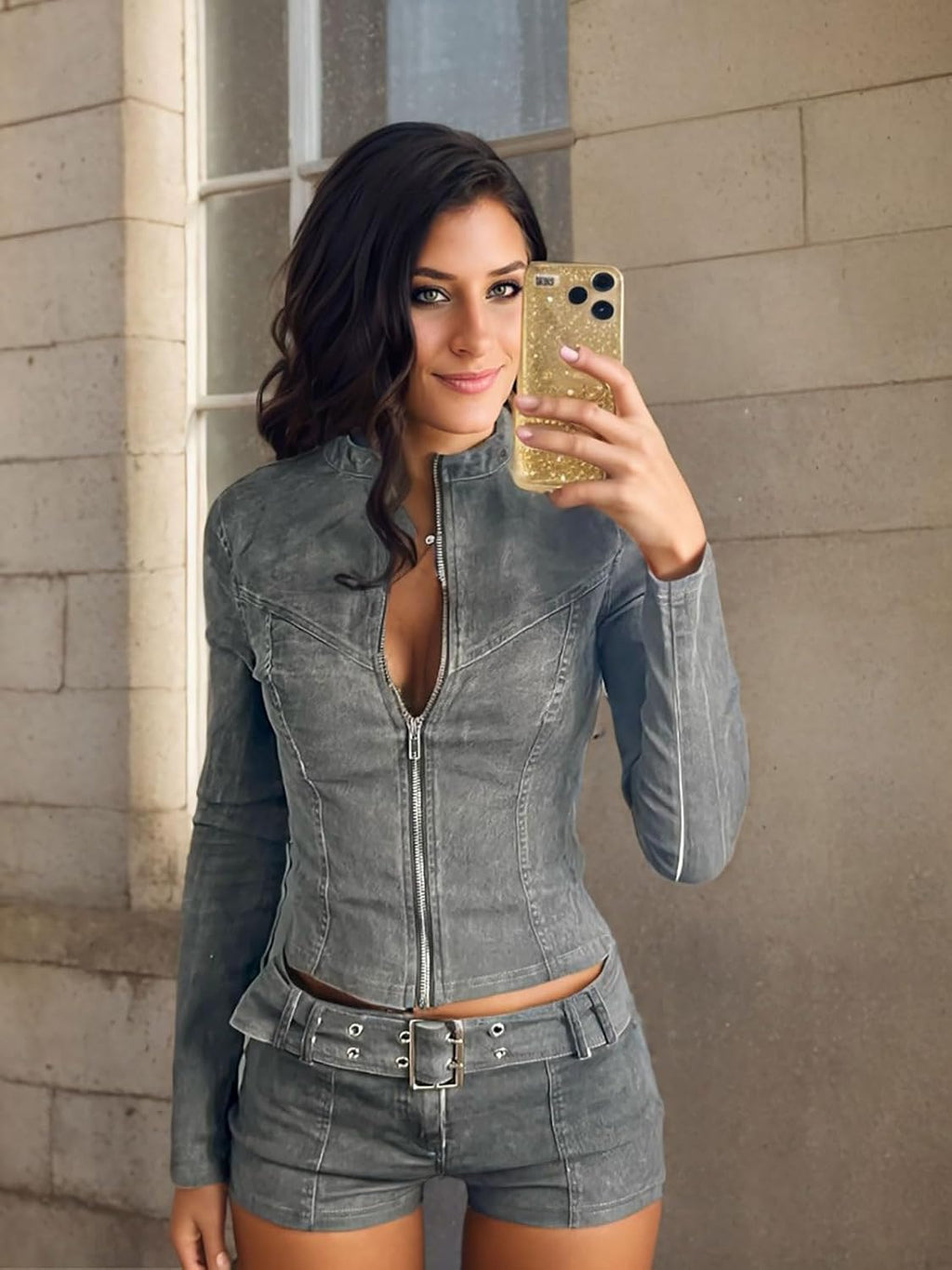 Women's 2-Piece Casual Denim Set: Long Sleeve Zip-Up Cropped Jacket with Skinny Jean Shorts and Belt