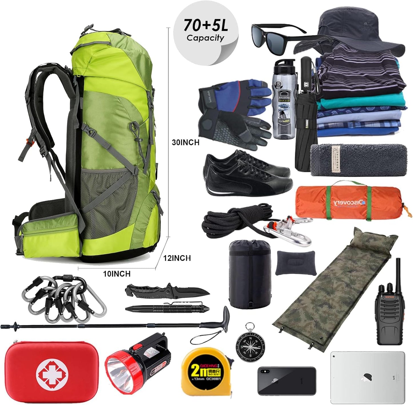 75L Waterproof Hiking Backpack with Rain Cover and Shoe Compartment for Men and Women, Frameless Design