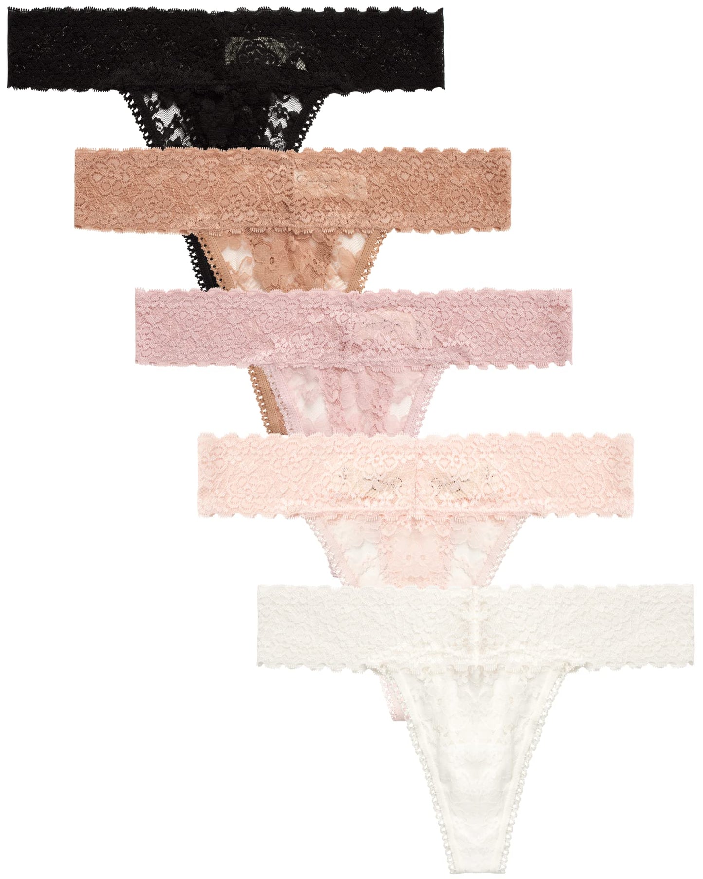 Jessica Simpson Womens Thong Underwear - 5 Pack Microfiber Stretch Sexy Lingerie Thong Panties - Soft Lace Thongs for Women Size Large Blush/Gardenia/Dolce/Pale Mauve/Black