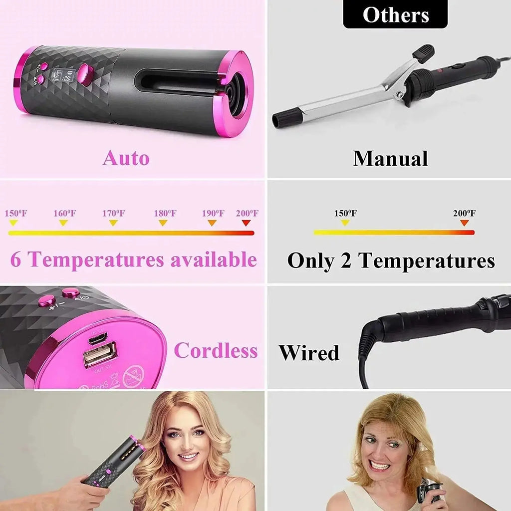 Portable Automatic Hair Curler, Ceramic Rotating Wireless Auto Curling Iron Wand,  Portable USB Rechargeable Spin Curler for Hair Styling (Black)