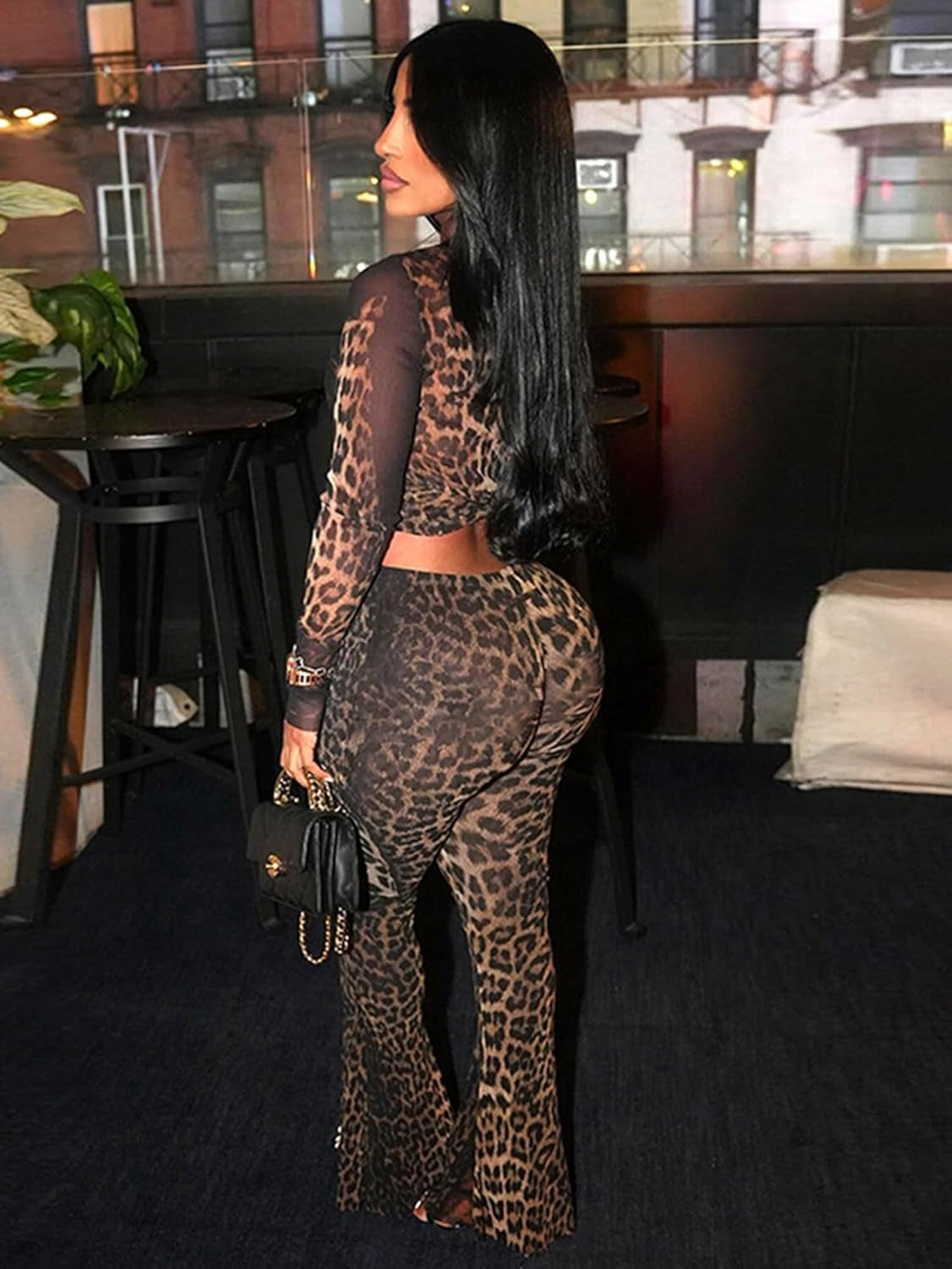 Elegant Cheetah Print Two-Piece Mesh Outfit for Women