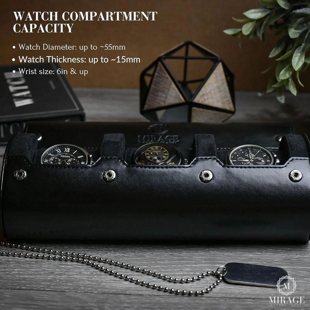 Travel Watch Case – 3 Watch Organizer Travel for Men - Watch Carrying Case Holder and Display - Super Black Motif Vegan Leather