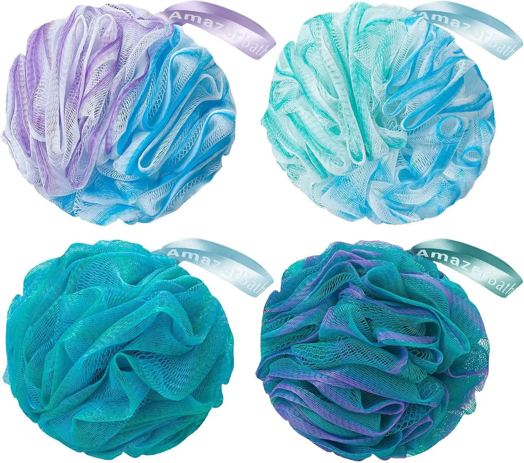 Loofah Sponge 60G/Piece, Exfoliating Bath Sponge Body Scrubber - Loofa Set of 4 Flower Color (Green-Purple)
