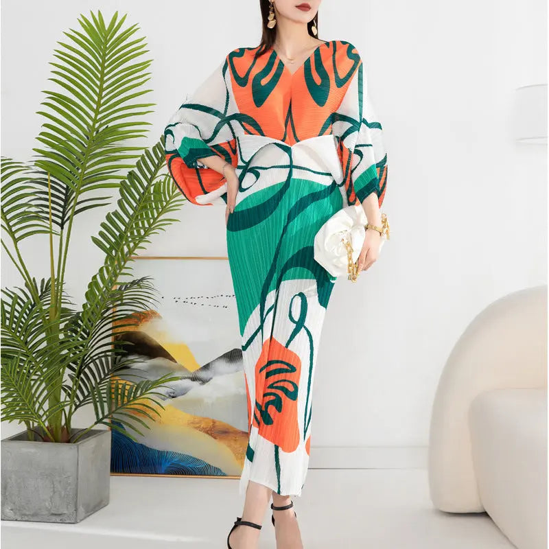 Women's Temperament Pleated Print Batwing Sleeve Dress Autods