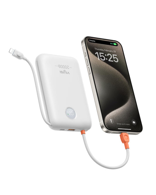 VIYISI Power Bank 20000mAh 30W Fast Charging Portable Charger with Built-in Cables & LED Display USB C Battery Pack for iPhone Samsung iPad and Android Phones Ideal for Travel -White
