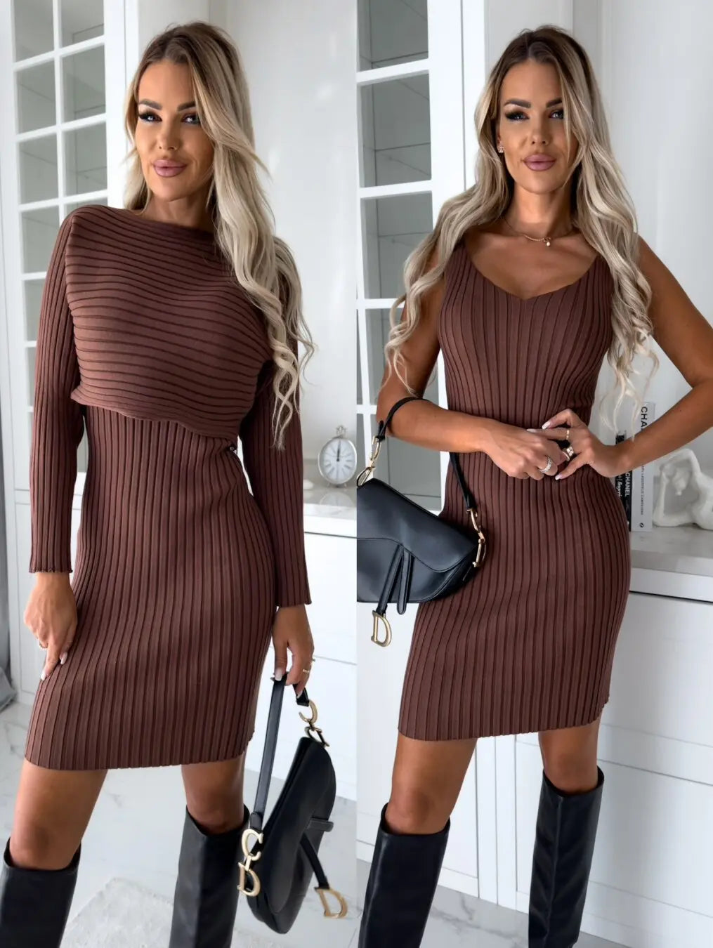 2pcs Suit Women's Solid Stripe Long-sleeved Top And Tight Suspender Skirt Fashion Autumn Winter Slim Clothing New Era Fashion LLc
