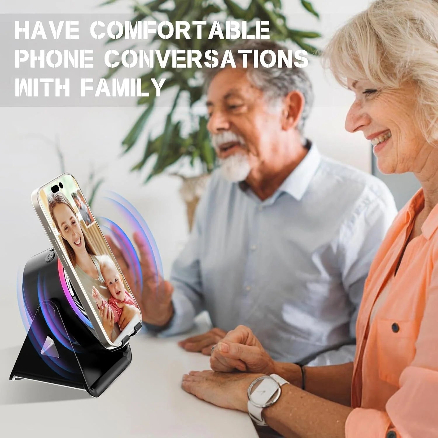 Wireless Induction Speaker with Phone Stand ,5 in 1 Bluetooth Speaker Amplifier Stereo Sound, RGB Ambient Light, 360° Adjustable Phone Holder Compatible with Iphone/Ipad/Android