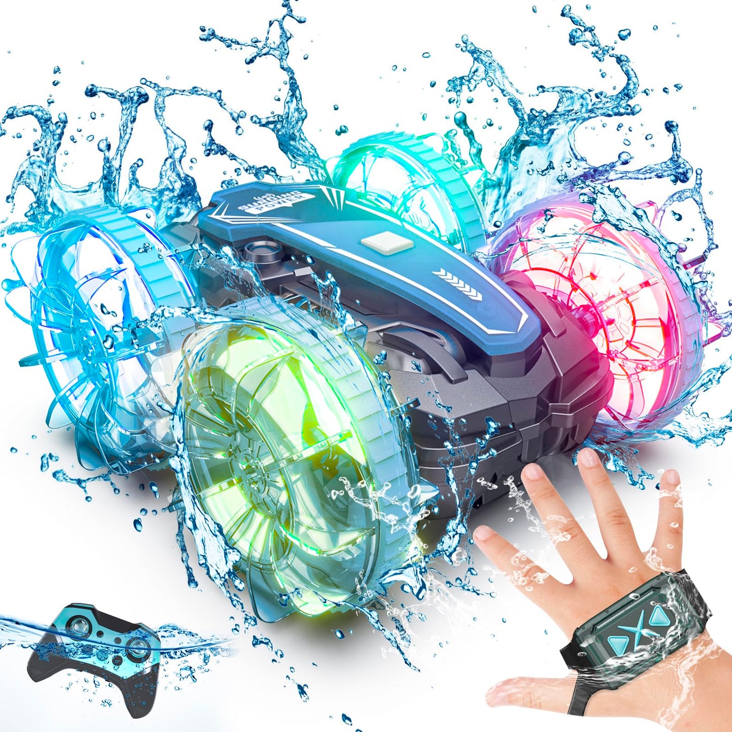 Tecnock Amphibious Remote Control Car Boat 4WD Gesture RC Car with Waterproof Remote Control RC Stunt Car with LED Lights Pool Toys for Kids Ages 8-12 Toys Gifts for Boys Girls
