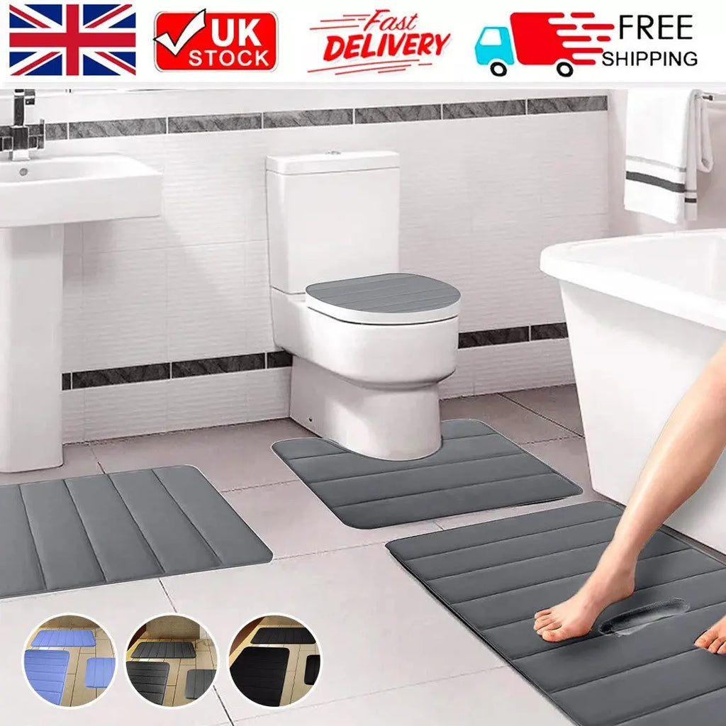 MEMORY FOAM BATH MAT PEDESTAL SET NON SLIP TOILET BATHROOM CONTOUR RUGS 3 PIECE--Grey Cjdropshipping