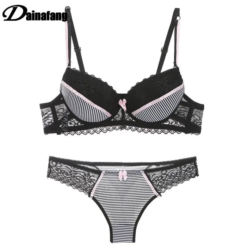 Lace Striped Lingerie Set with Bra and Panties