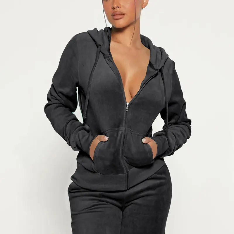 Women's Solid Color 2-Piece Set Zip Pocket Drawstring Hooded Crop Top & Slim Fit Pocket Pants - Ribbed Detail Casual Outfit Cjdropshipping