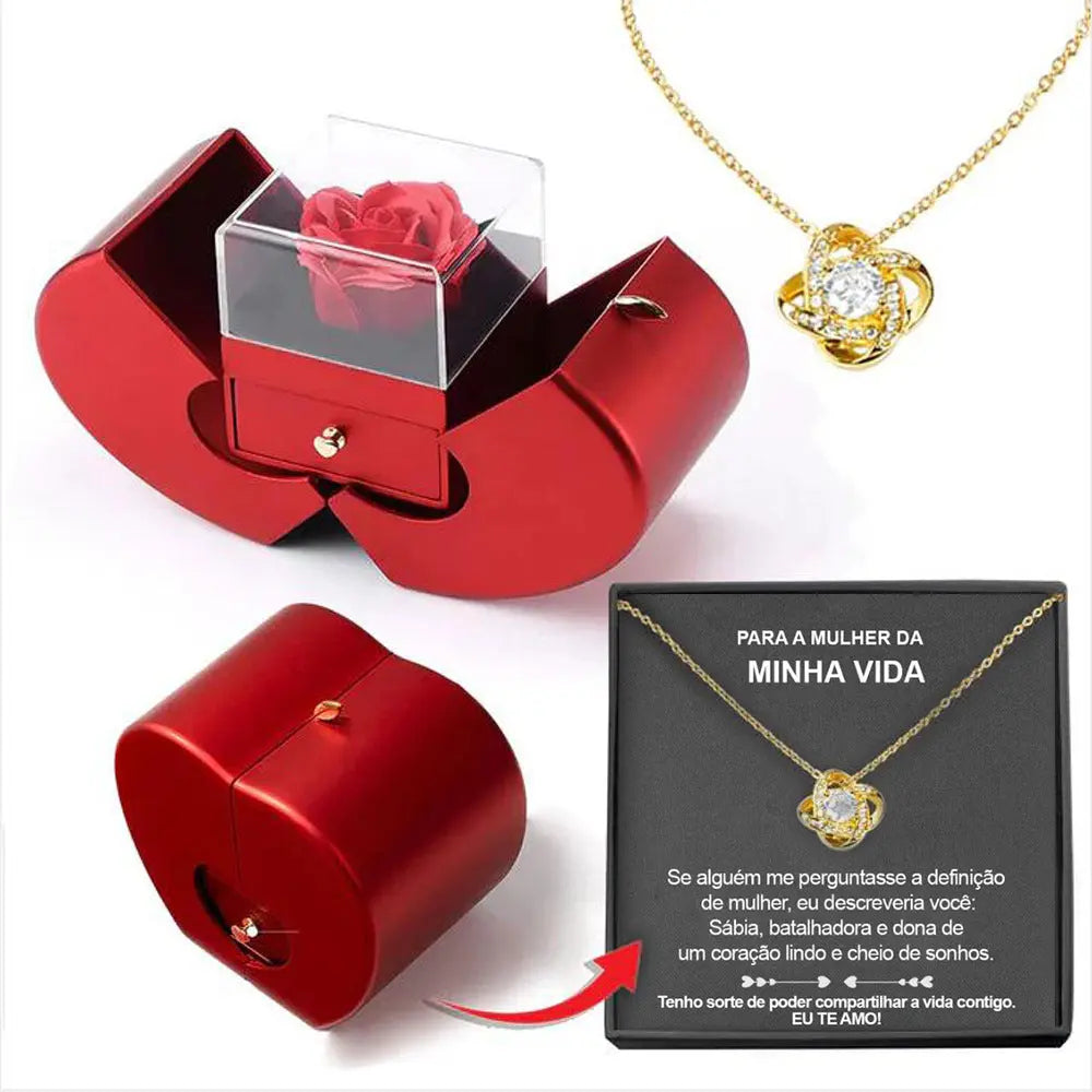 Fashion Jewelry Box Red Apple Christmas Gift Necklace Eternal Rose For Girl Mother's Day Valentine's Day Gifts With Artificial Flower Rose Flower Jewelry Box - New Era Fashion LLc