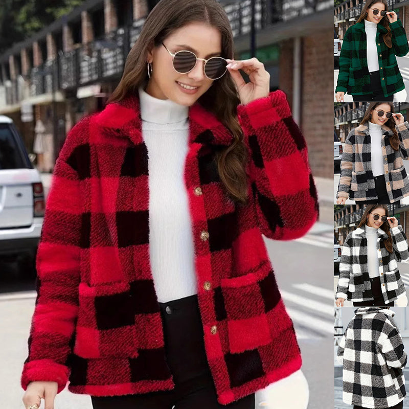 Color-blocked Plaid Jacket Fashion Lapel Pockets Single-breasted Coat Spring Fall Clothing For Women