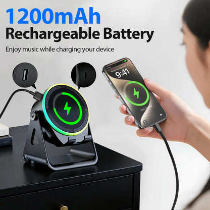 Wireless Induction Speaker with Phone Stand ,5 in 1 Bluetooth Speaker Amplifier Stereo Sound, RGB Ambient Light, 360° Adjustable Phone Holder Compatible with Iphone/Ipad/Android