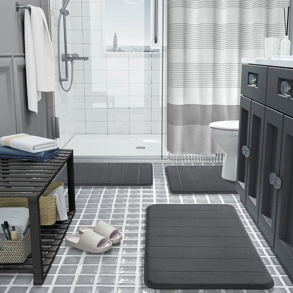 MEMORY FOAM BATH MAT PEDESTAL SET NON SLIP TOILET BATHROOM CONTOUR RUGS 3 PIECE--Grey Cjdropshipping