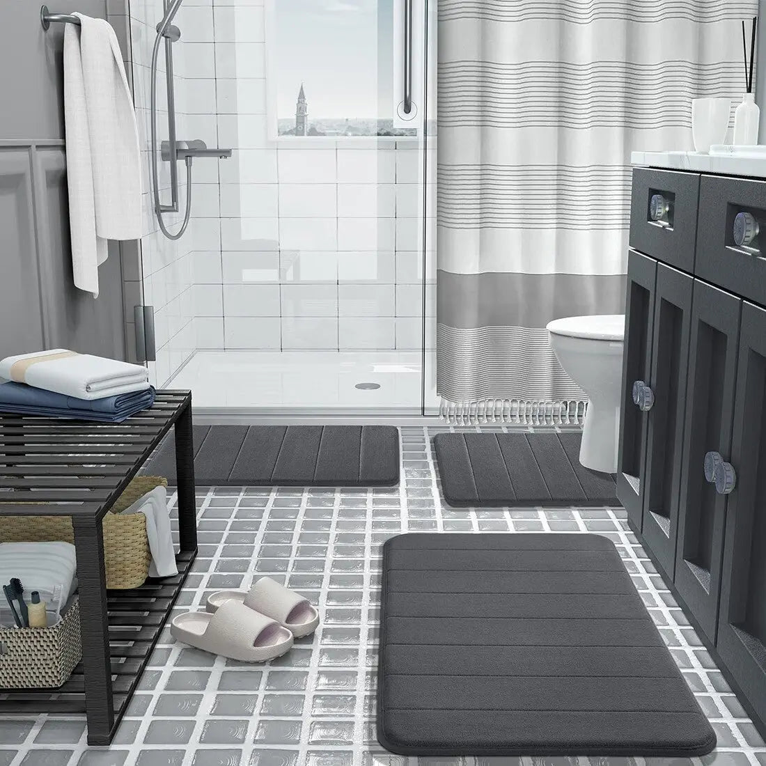 MEMORY FOAM BATH MAT PEDESTAL SET NON SLIP TOILET BATHROOM CONTOUR RUGS 3 PIECE--Grey Cjdropshipping