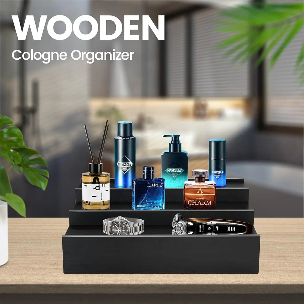 Wooden Cologne Organizer for Men - 3 Tier Cologne Stand Black Elevated