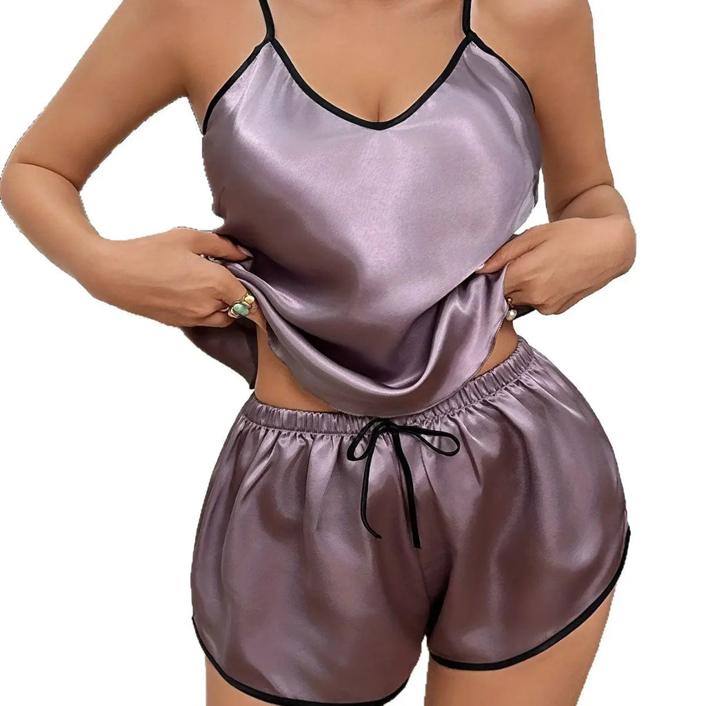 Solid-color Silk-look Cami Sleepwear Set For Women Cjdropshipping