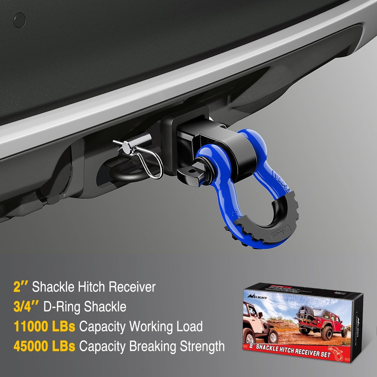 Heavy-Duty Shackle Hitch Receiver with 2-Inch Compatibility, 45,000 lbs Breaking Strength, 3/4" D Ring Trailer Pin, Solid Recovery Towing Kit for Trucks and Off-Road Vehicles
