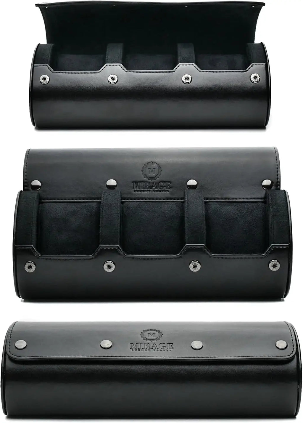 Travel Watch Case – 3 Watch Organizer Travel for Men - Watch Carrying Case Holder and Display - Super Black Motif Vegan Leather