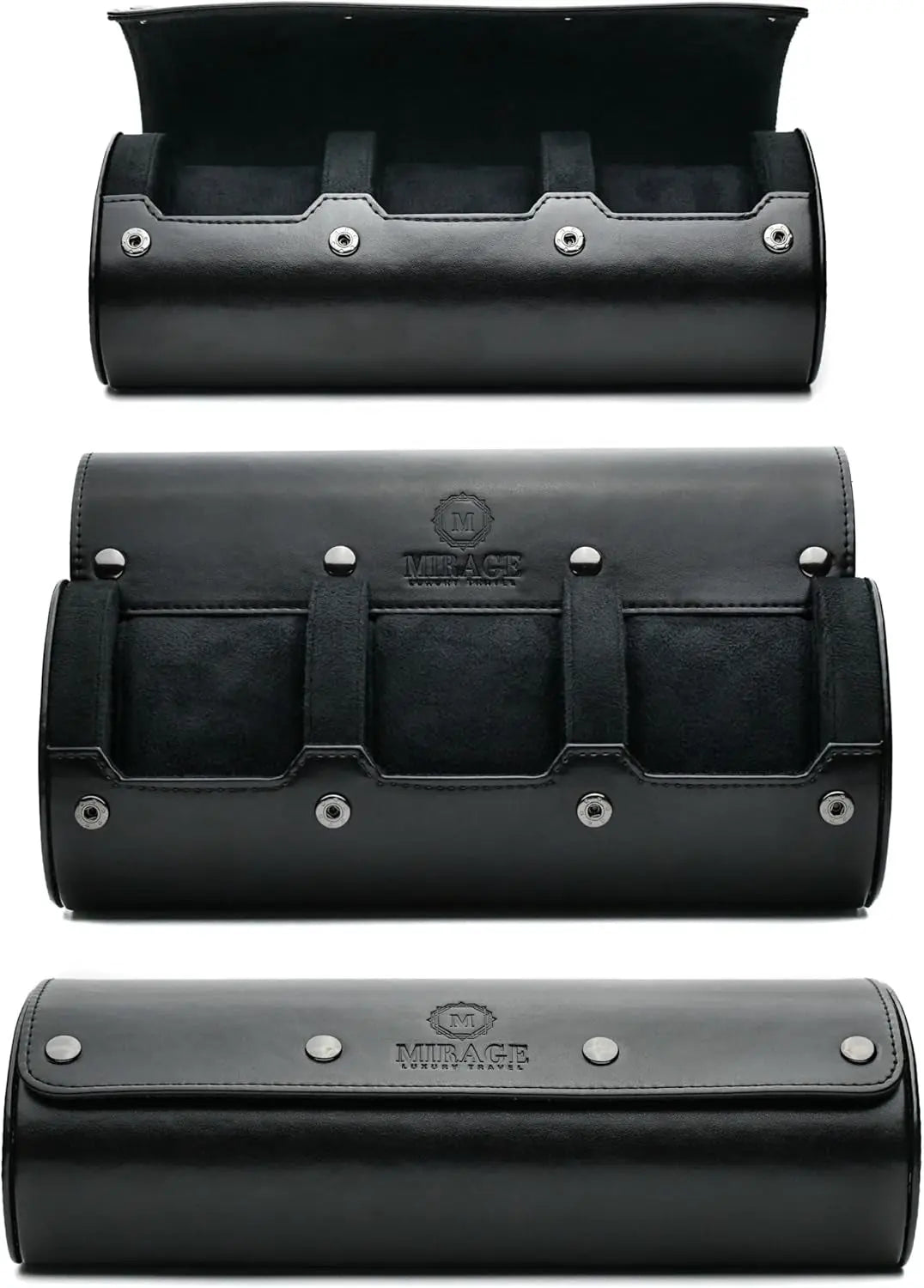 Travel Watch Case – 3 Watch Organizer Travel for Men - Watch Carrying Case Holder and Display - Super Black Motif Vegan Leather