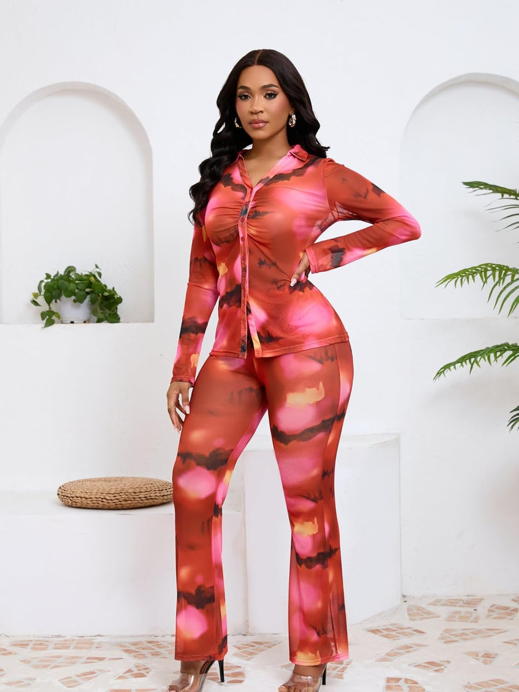 2 Piece Pant Sets for Women Long Sleeve Mesh Floral Print Ruched Button down Shirt Flare Wide Leg Pantsuits Streetwear