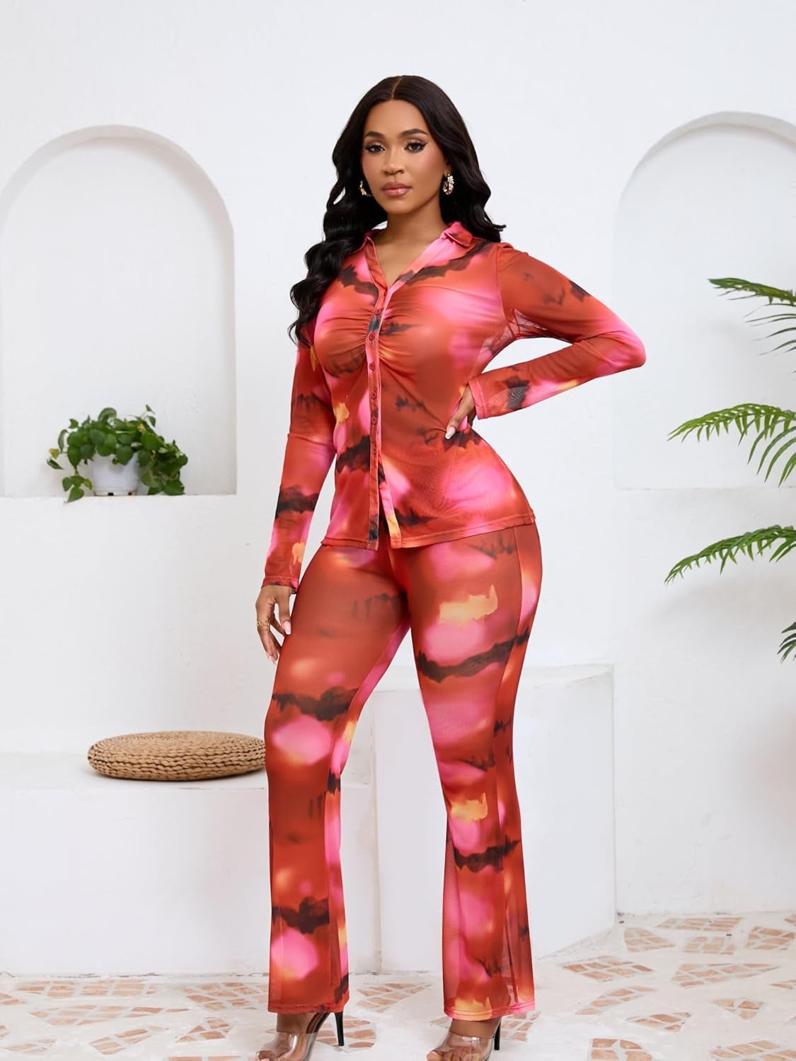 2 Piece Pant Sets for Women Long Sleeve Mesh Floral Print Ruched Button down Shirt Flare Wide Leg Pantsuits Streetwear