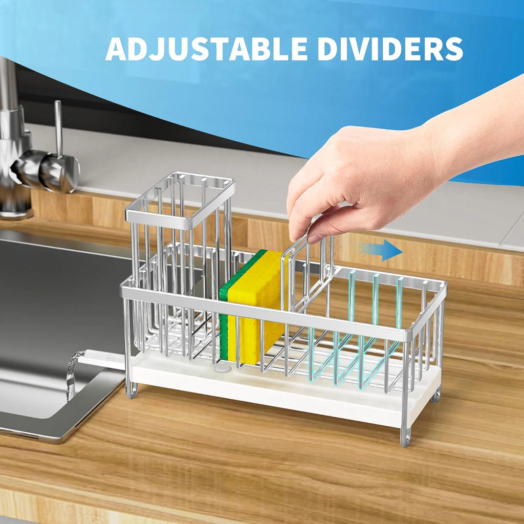 Cisily Silver Sponge Holder for Kitchen Sink, Sink Caddy Organizer with High Brush Holder, Kitchen Countertop Organizers and Storage Essentials, Rustproof 304 Stainless Steel, Soap Dispenser Organize