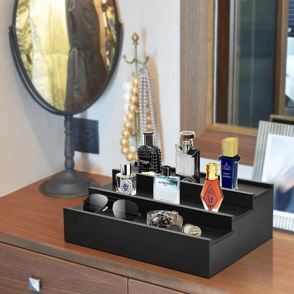 Wooden Cologne Organizer for Men - 3 Tier Cologne Stand Black Elevated